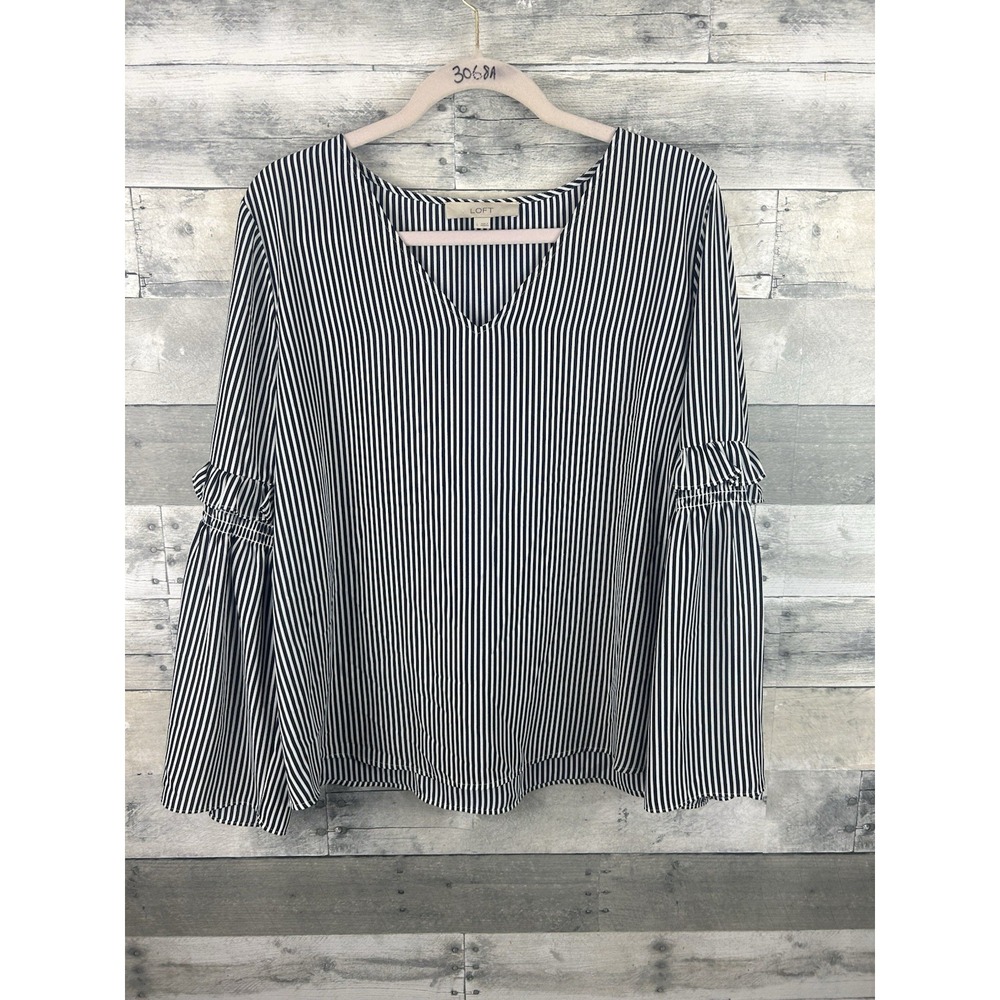 LOFT Navy Blue White Striped V-Neck Ruffle Bell Sleeve Blouse Size Large